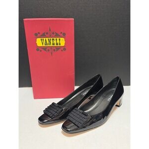 Vaneli Womens Black Patent Leather Square Toe Bow Block Heel Pumps Size 9S Slim